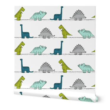 Removable Water-Activated Wallpaper Rainbow Dinosaur Whimsical Colorful Dino 